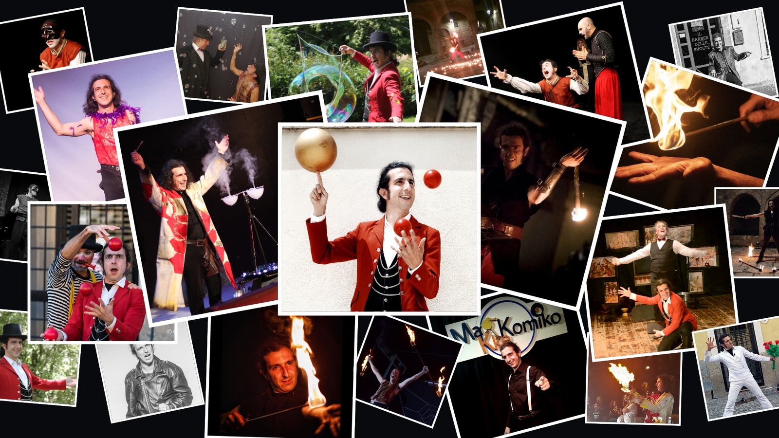 Andrea Corvo — tutti i personaggi: clown, giocoliere, mago, fuoco, bolle, pierrot